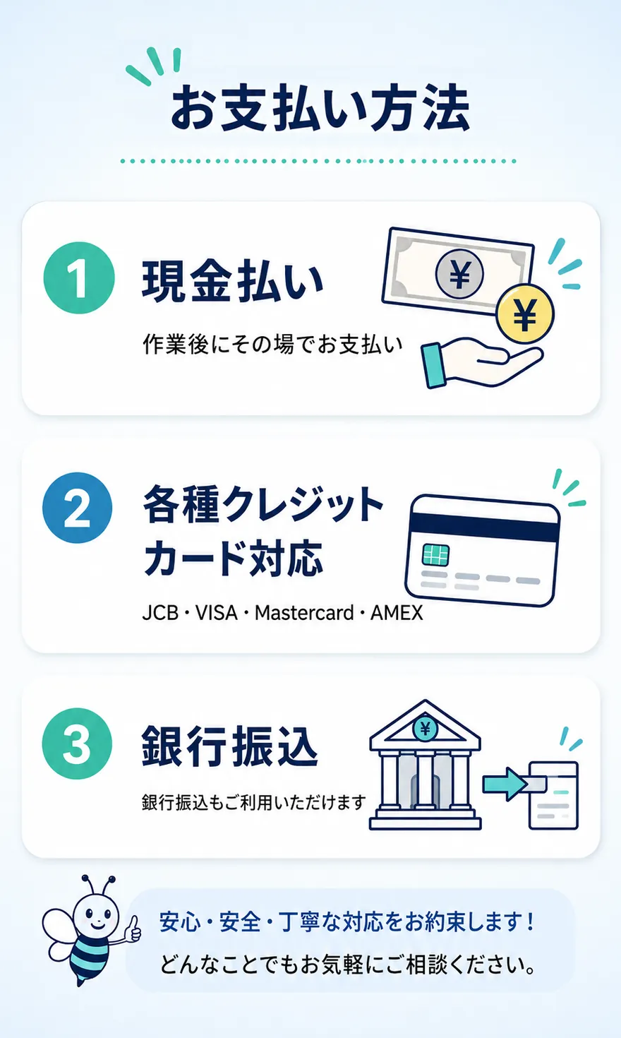 お支払い方法 ①現金払い（作業後にその場でお支払い）②各種クレジットカード対応（JCB・VISA・Mastercard・AMEX）③銀行振込（銀行振込もご利用いただけます）／安心・安全・丁寧な対応をお約束します！