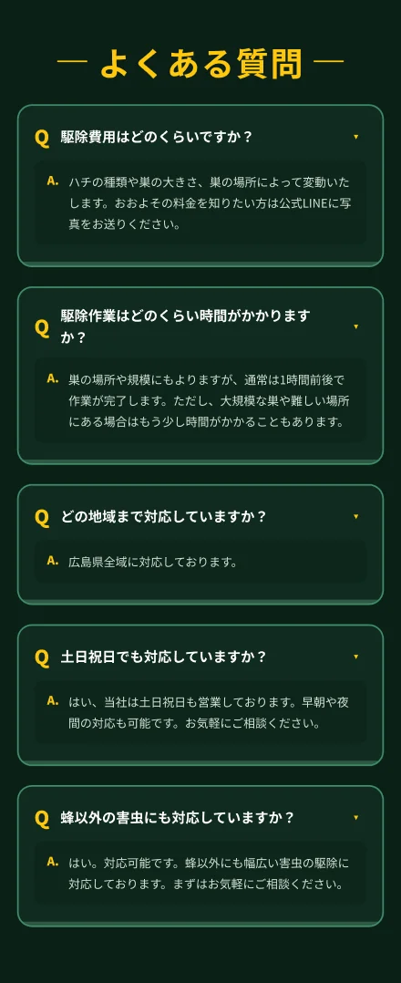よくある質問／Q.駆除費用はどのくらいですか？／Q.駆除作業はどのくらい時間がかかりますか？／Q.どの地域まで対応していますか？／Q.土日祝日でも対応していますか？／Q.蜂以外の害虫にも対応していますか？